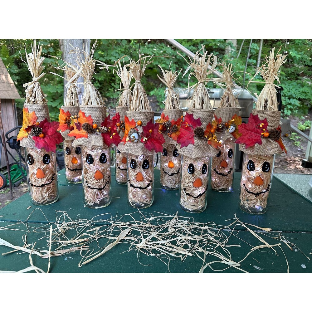 Light Up Scarecrow Bottle w/ Burlap Hat and Raffia “Straw” - New - Handmade